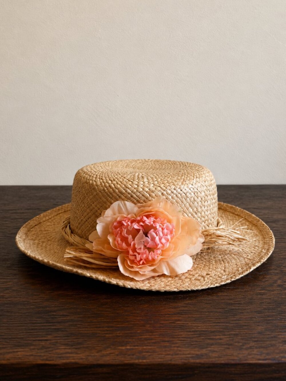Vintage Woven Straw Hat Peach Pink Flower Raffia Garden Party Sun Hat